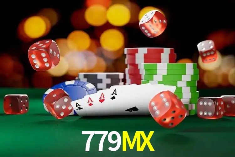 Escena dinámica inspirada en casino con iluminación 779MX, cartas, fichas e íconos de juegos digitales en un espacio moderno de juegos.