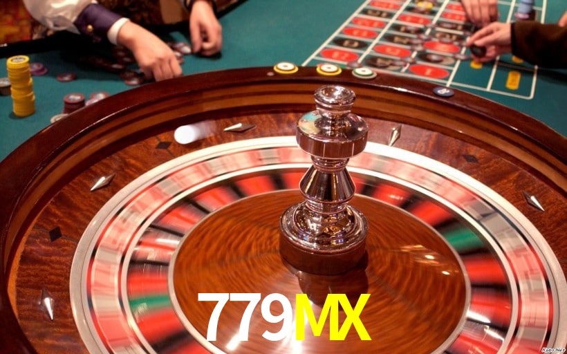 Una escena digital vívida inspirada en casino con 779MX mostrado prominentemente, luces brillantes, fichas, cartas y acentos dorados.