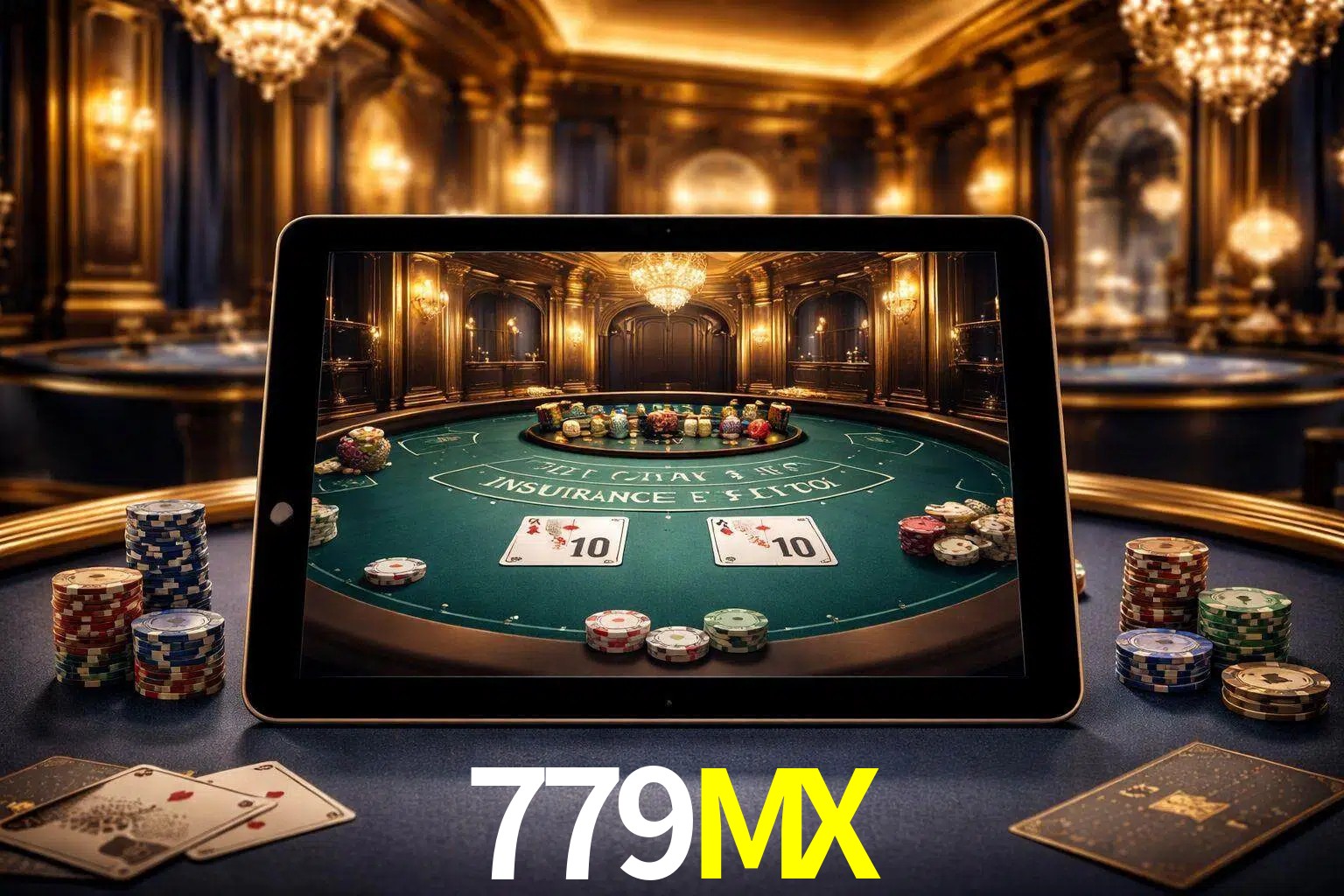 Configuración moderna de casino en vivo con una tableta mostrando una mesa de blackjack, luces cálidas de estudio y una atmósfera elegante de juegos digitales.